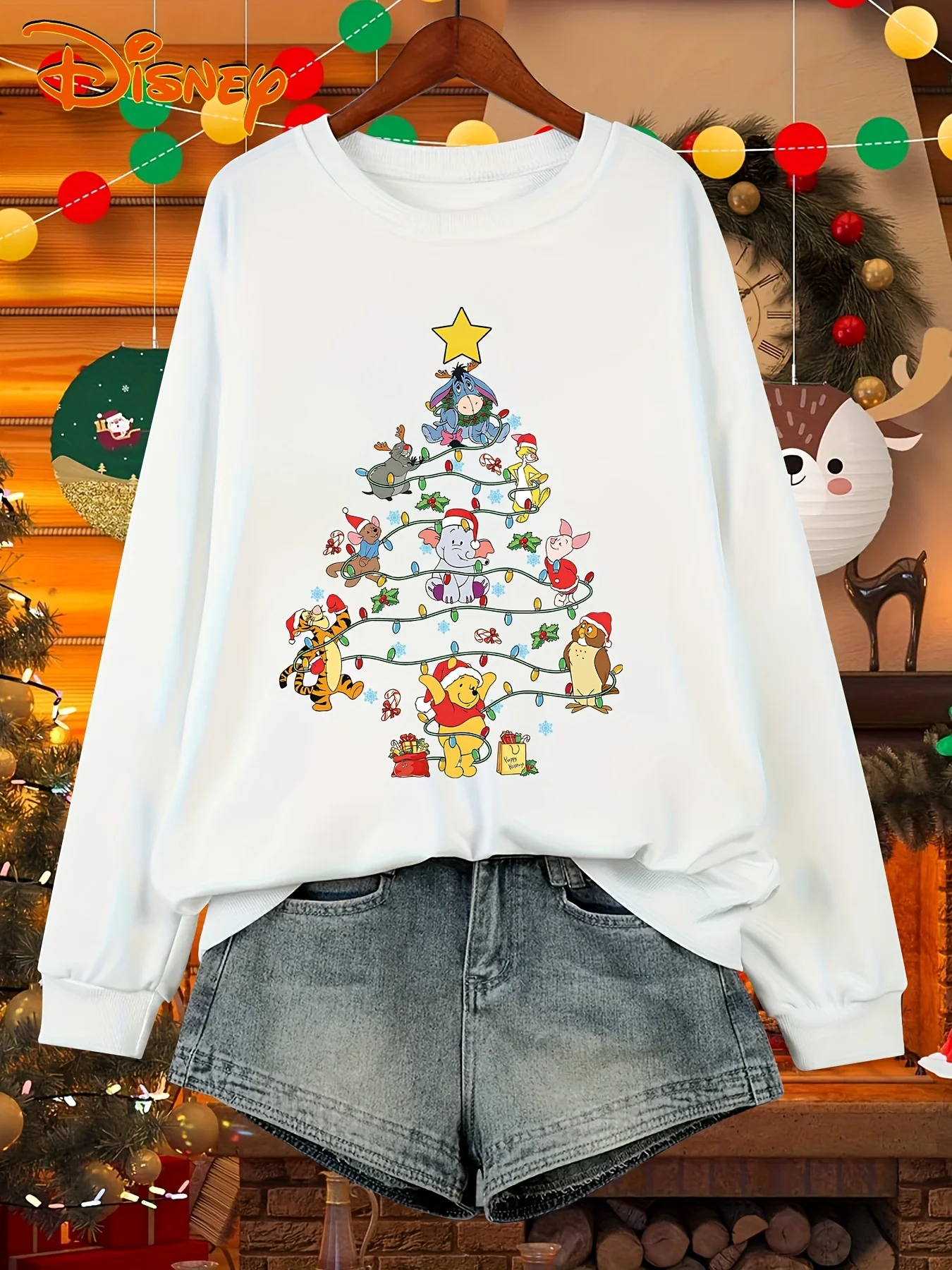 เสื้อสเวตเตอร์ผู้หญิงลายดิสนีย์วินนี่เดอะพูห์สำหรับคริสต์มาส แฟชั่นทรงโอเวอร์ไซส์ คอกลม ใส่ได้ทั้งชายและหญิง เหมาะสำหรับฤดูใบไม้ร่วงและฤดูหนาว ผ้าฟลีซ สวมใส่สบาย