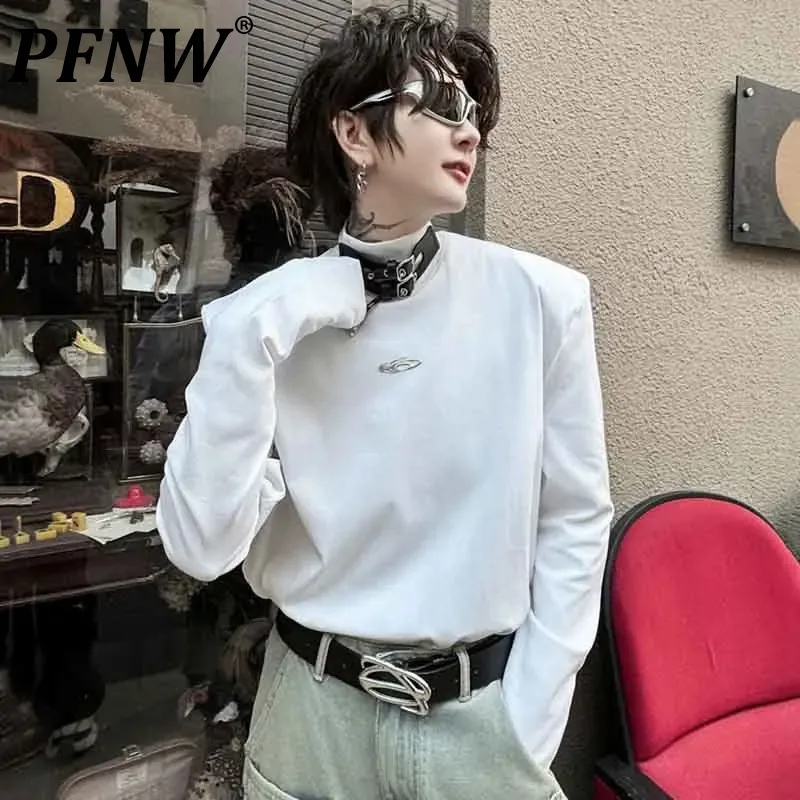 PFNW Autumn Solid Color Half-high Neck Belt Buckle Decoration Men's Long-sleeved T-shirt 2024 Tide New Slim Pullover Tops 9C4637