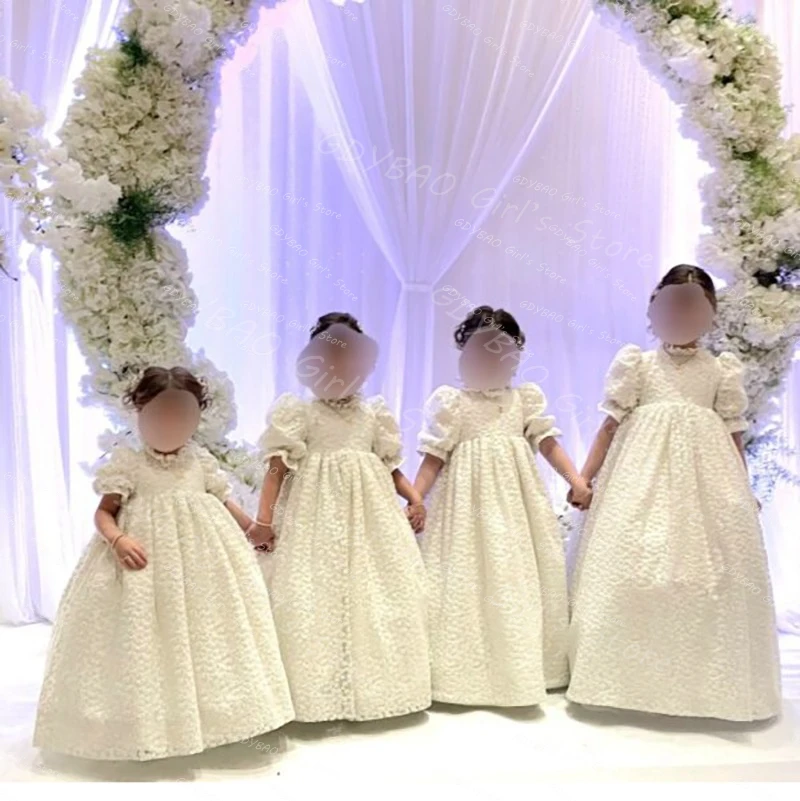 

Customized Baby Girls Princess Dress Eyelet Lace Flower Girl Dress for Wedding Short Sleeve High Waist Communion Party Ball Gown