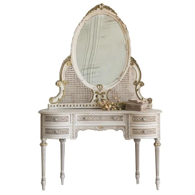 

/High-end French Antique Solid Wood Rattan Dresser with Mirror Bedroom Furniture