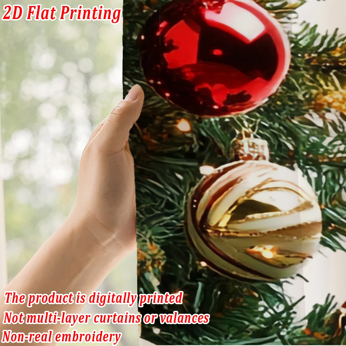 Christmas Flat Printing Sheer Curtain with Christmas Ball Star Pine Branch Ornament For Living Room Bedroom Decor Holiday Party
