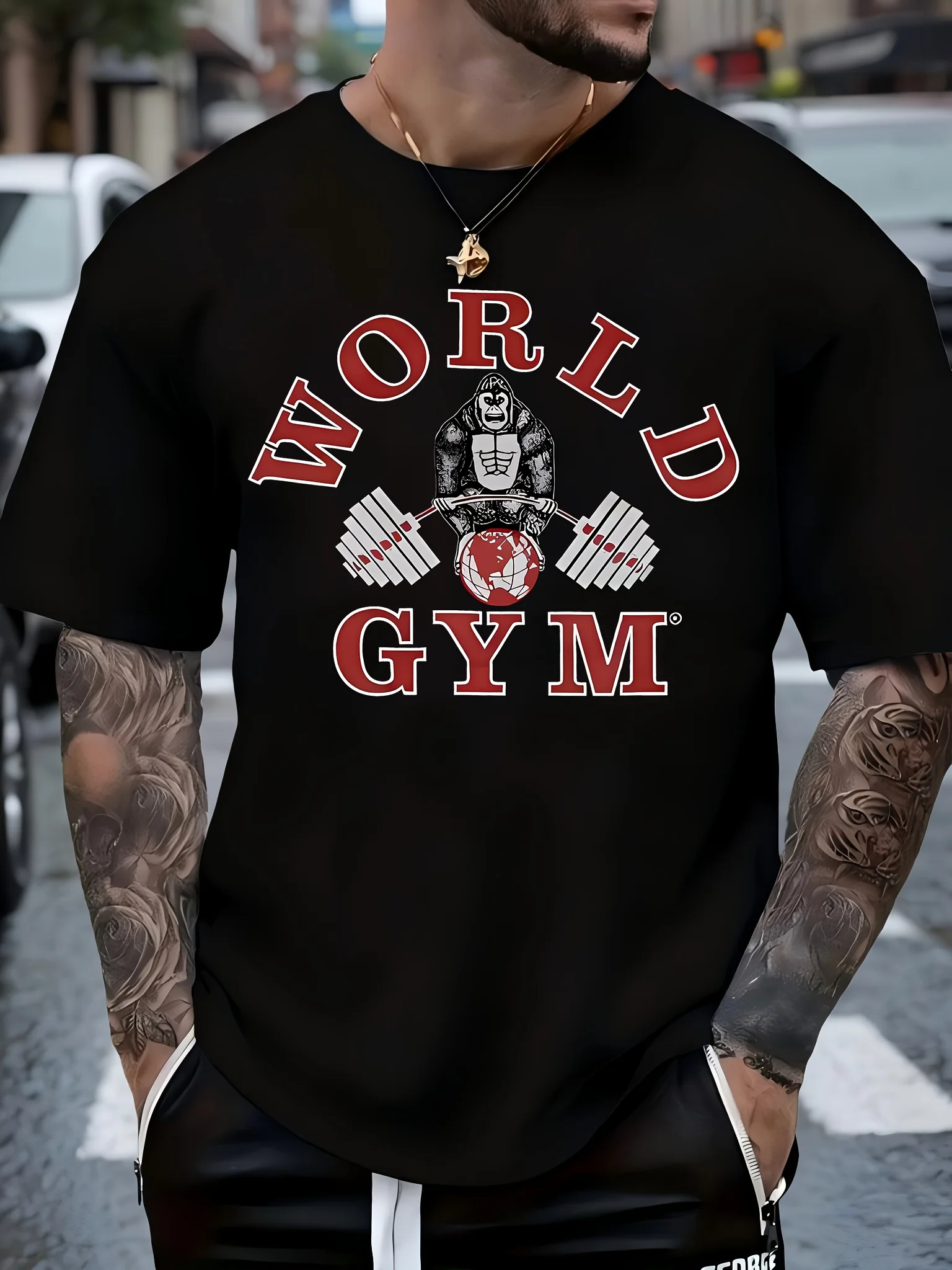 Men's WORLD GYM Graphic T-Shirt - Soft, Breathable Cotton Crew Neck Tee with Bold WORLD GYM Design - Perfect for Casual Wear and