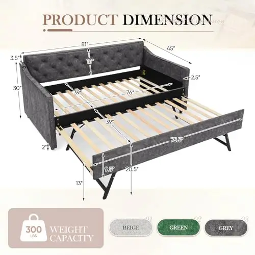 Daybed with Pop up Trundle, Fabric Upholstered Twin Size Day Bed Pull-Point Sofa Daybed Frame w/Twin Roll-Out