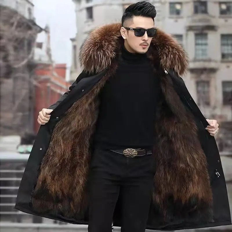 2023 New Men Winter Faux Fur Coat Mid-length Loose Trend Overcoat Thicken Warm Removable Inner Jacket Hooded Parke Outwear