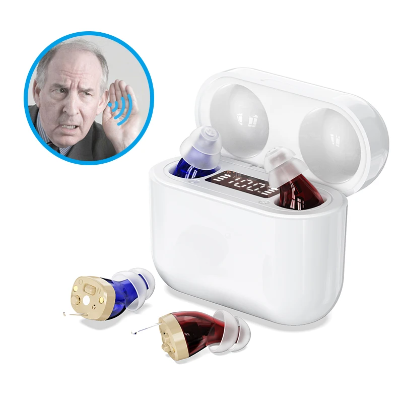 Rechargeable digital hearing aid with digital display for deafness