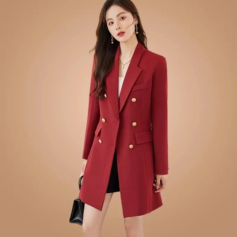 Autumn Winter Mid-Long Suits Jacket Women 2024New Suit Collar Coat Fashion Double-Breasted Outerwear Loose Elegant Blazer Female