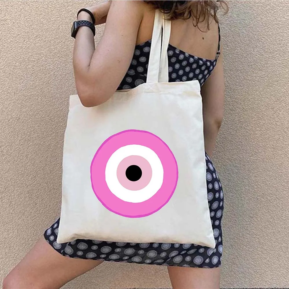 Psychedelic Evil Eye Blue Green Yellow Red Pink Colorful Women Canvas Shoulder Harajuku Handbags Totes Eco Shopper Shopping Bags