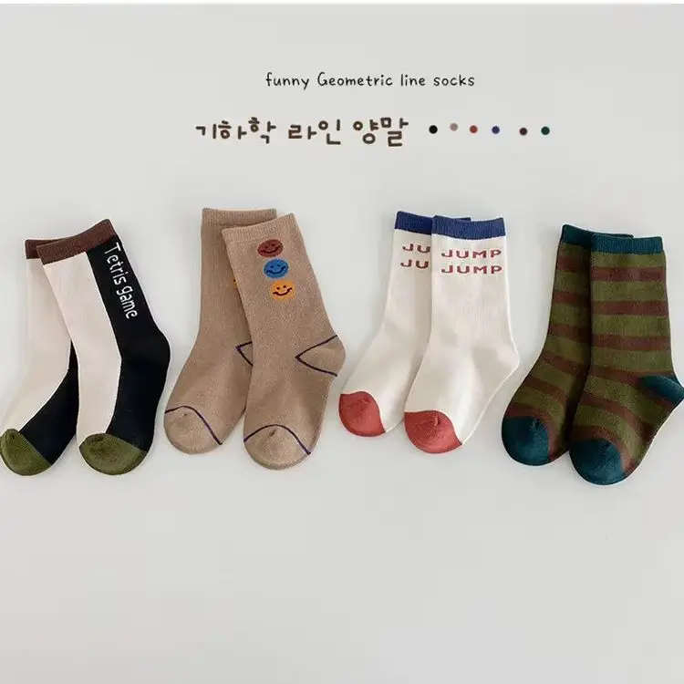 3-12T  Boys Socks Spring Fashion Color Contrast Crew Socks Children's Calf Socks 4 Pairs/pack Top Grade Quality Guarantee