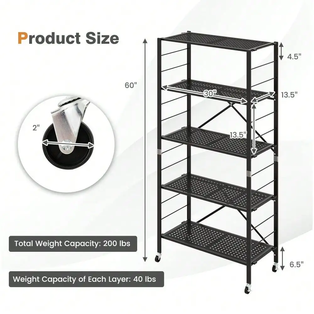 5-Tier Foldable Storage Shelves Adjustable Collapsible Organizer Rack w/ Wheels