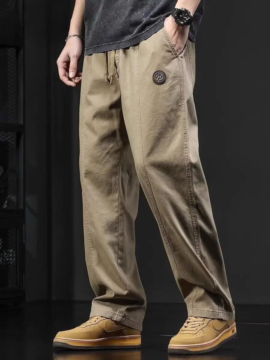 Daily wear with solid color label design pattern casual pants men's autumn and winter loose plus size straight leg pants