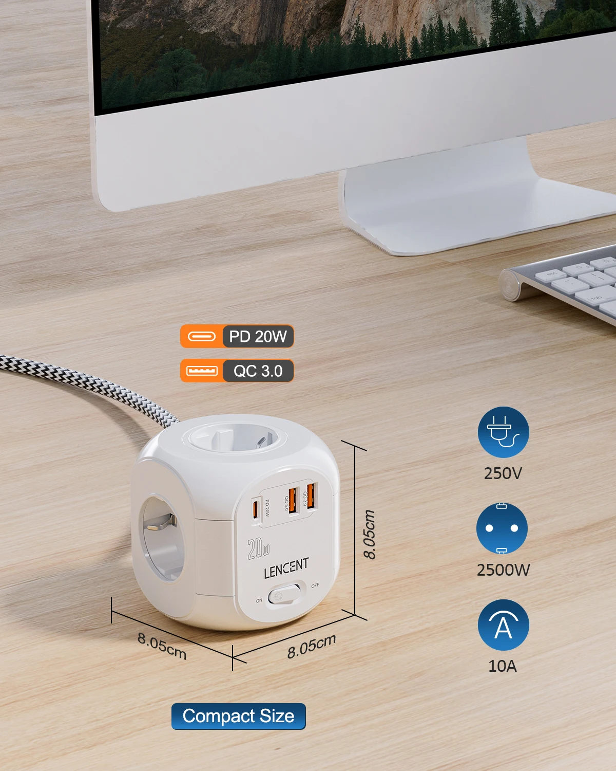 LENCENT Flat EU Plug Power Strip Cube with 4AC Outlets +2 QC3.0 USB+ 1Type C PD20W Fast Charging 2M/3M Braided Cable For Home image 6