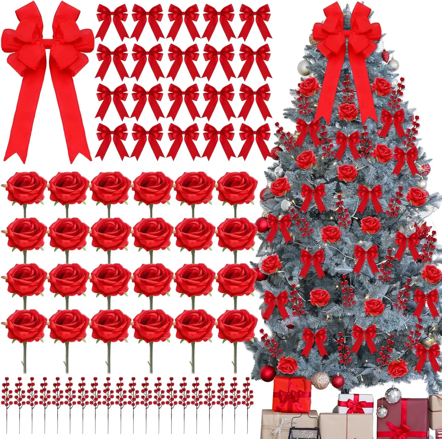 

Набор красных елочных декораций из 61 предметов с искусственными розами, ягодами, бантами и топпером для домашних венков и деревьев