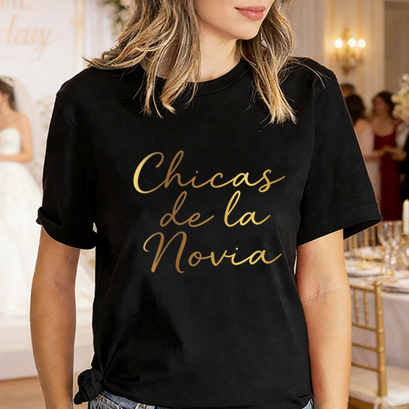 Spanish Wedding Squad T-Shirt Team Bride Tribe Gold Foil Print Casual Tops O Neck Tees for Bachelorette Party Bridal Shower Gift