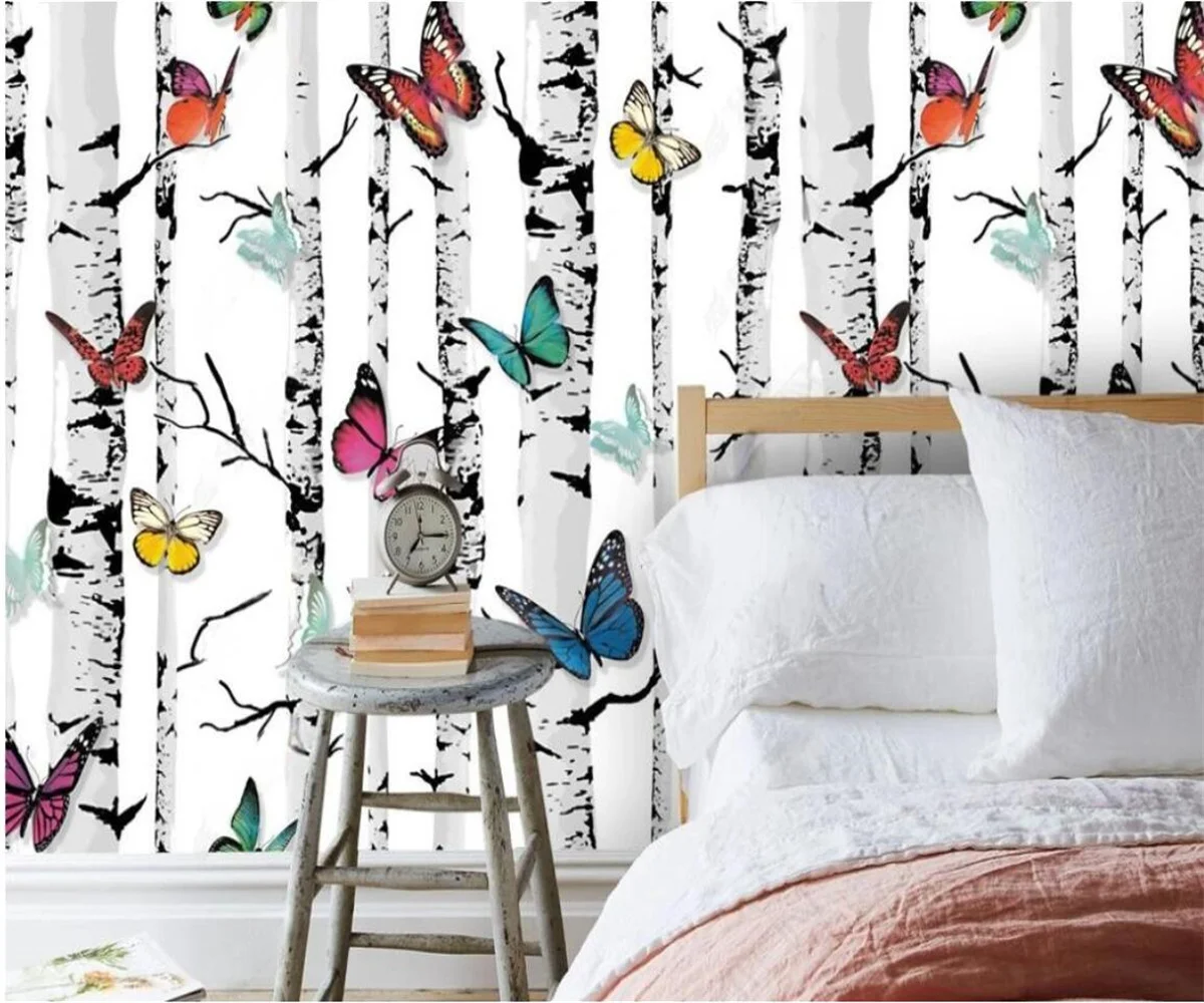 

Customized wallpaper of any size Modern simple hand-painted European style birch butterfly interior background wallpaper