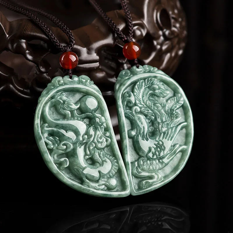 

Dark Green Natural A Jade Pendant with Dragon and Phoenix Brand A Couple Pendant Men and Women's Jewelry A Beautiful Love Gift