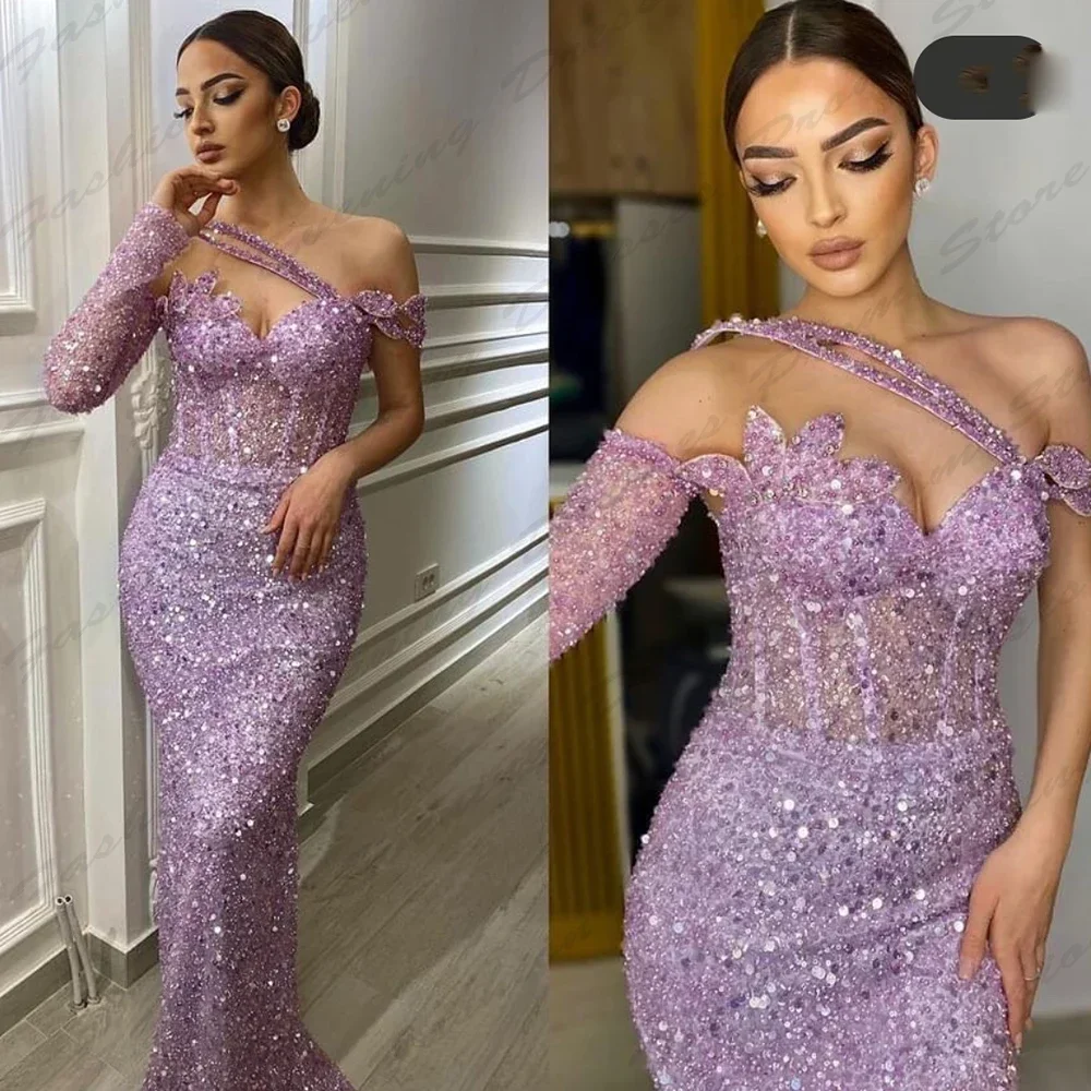 

CustomizedSexy New Party Evening Dresses Female Luxurious Sparkling Beading Elegant Off The Shoulder With Sleeves Prom Gowns For