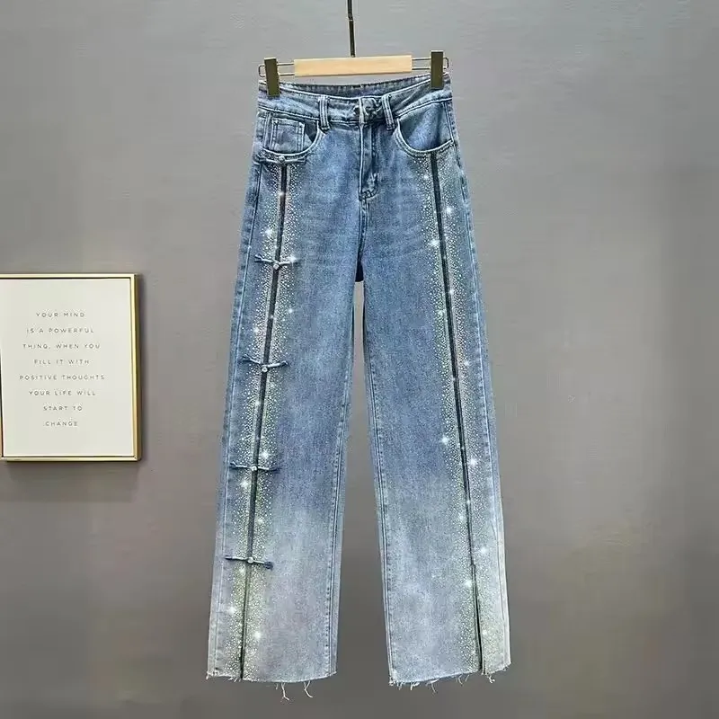 

Fashion Rhinestone Jeans Women's Wide-Leg Pants 2025 New Spring Autumn High Waist Loose Slimming Denim Trousers Female