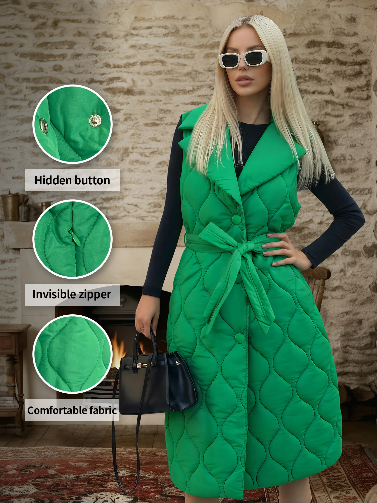 

Женское осенне-зимнее шикарное стеганое пальто с лацканами, повседневный однотонный жилет средней длины без рукавов с поясом, наряд для рождественского отдыха