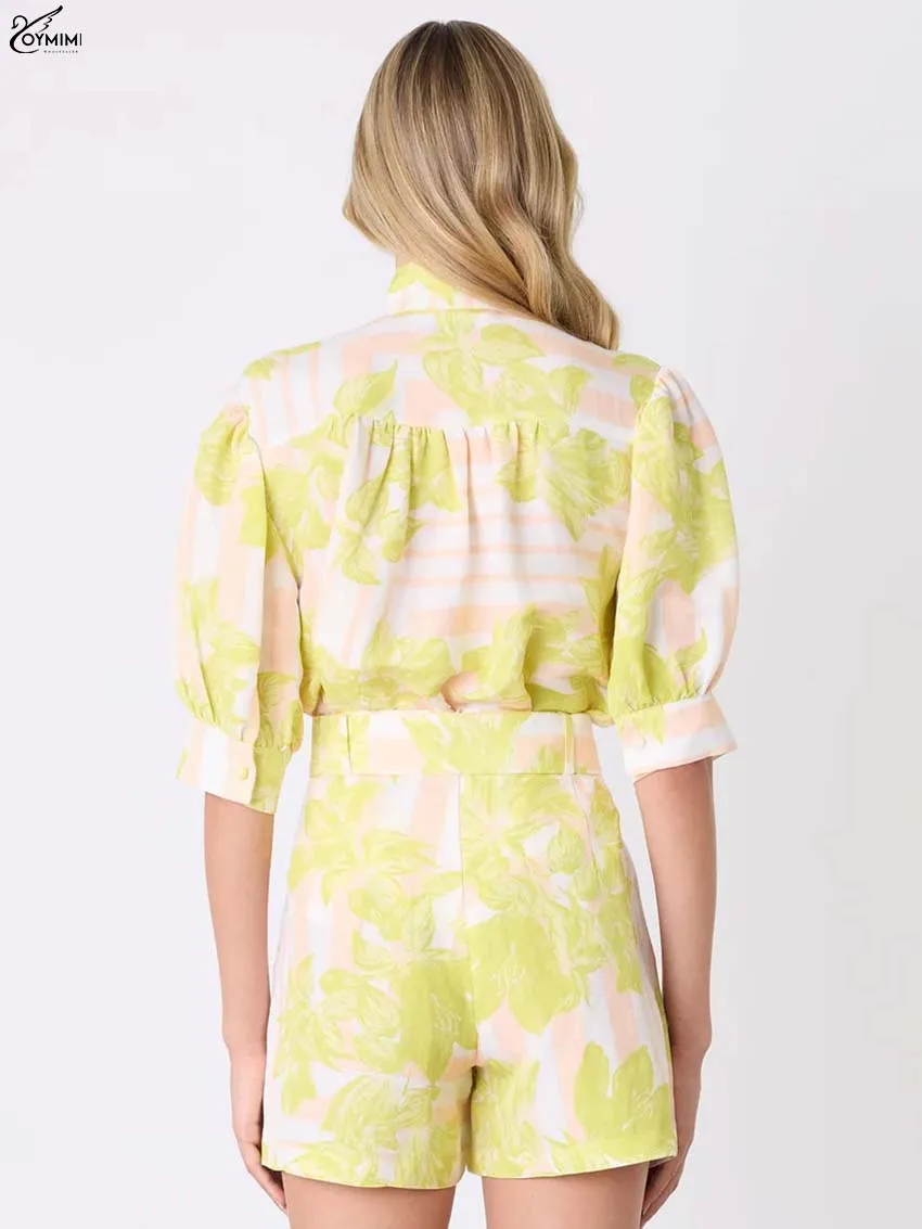 Oymimi Elegant Yellow Green Print 2 Pieces Set For Woman Casual O-Neck Half Sleeve Button Shirts And High Waisted Shorts Sets