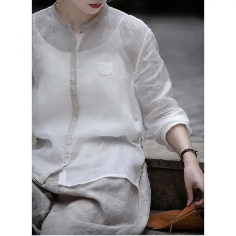 

New Spring Summer Arts Style Women Single Breasted Long Sleeve Loose White Blouse Tops Good Quality Silk Ramie Casual Shirt B232