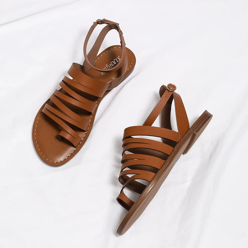 2024 Summer New Flat Bottom Comfortable One word Sandals Women's Fashion Simple Slim Strap Versatile Roman Sandals