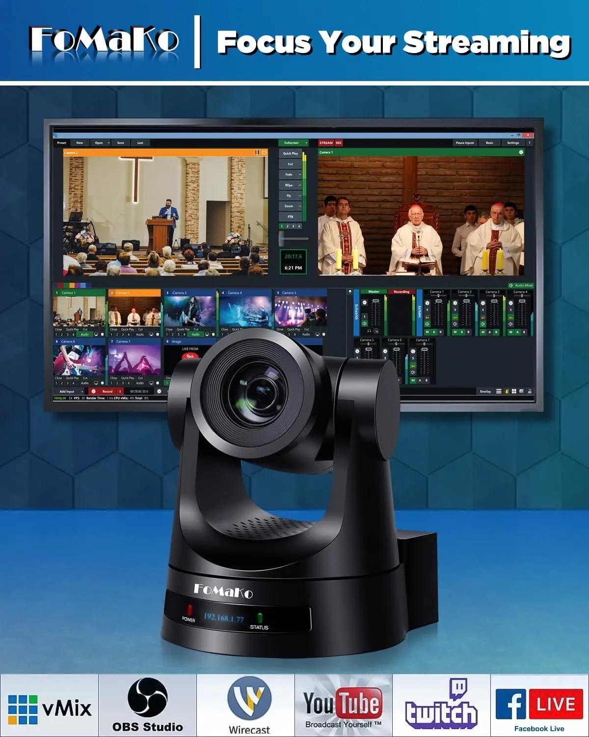 PTZ Camera 30X, Bundle HDMI 3G-SDI IP PoE HDMI for E-Commerce Live Streaming(FMK30SDIX3+KC608)