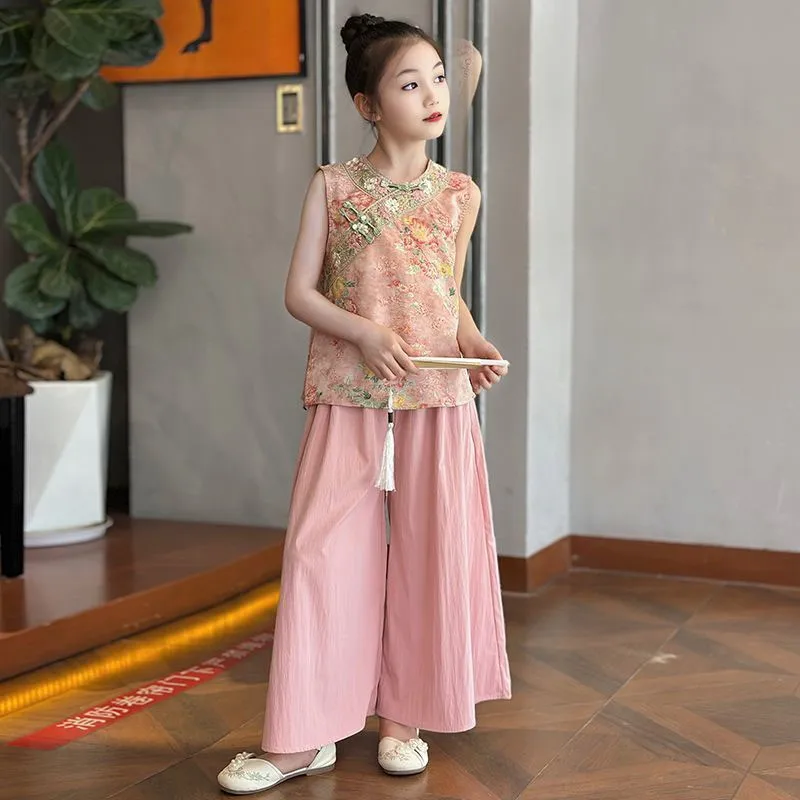 2026 Girls' New Chinese Embroidery Vest Summer Children's Ancient Style Top Pants 2-piece Set Kids' Breathable Clothing SetLJ592