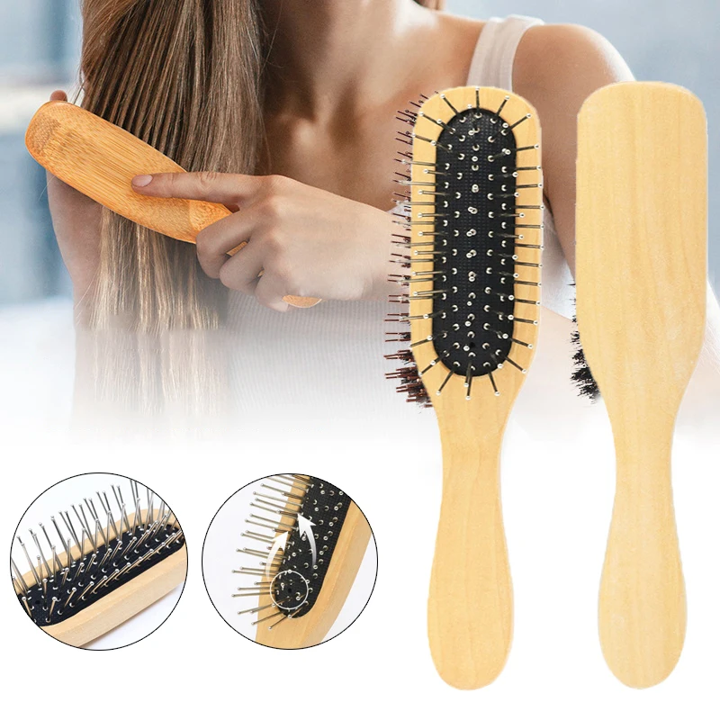 

Natural Wood Hair Comb Steel Metal Hair Brush Portable Wooden Air Cushion Comb Scalp Massager Detangler Salon Styling Hair Tools