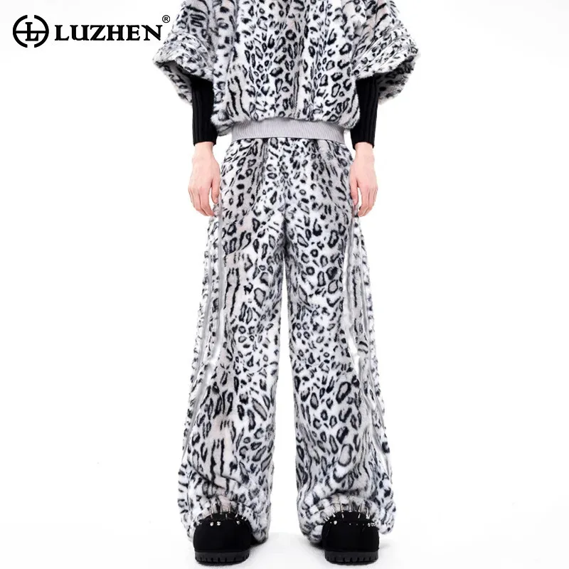 

LUZHEN оригинальные высококачественные флисовые брюки с леопардовым принтом и высокой талией, прямые повседневные брюки 2025, зимние теплые широкие мужские брюки JY4554