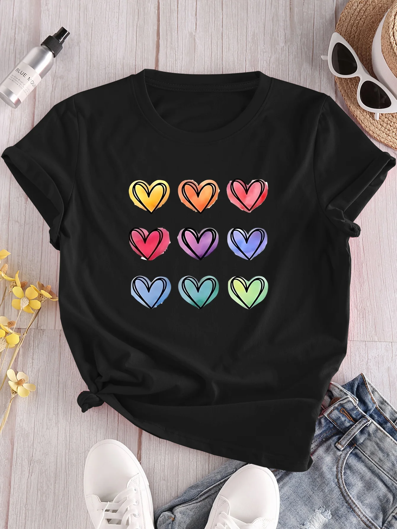 Women's Multicolor Heart Print T-Shirt Pink Orange Yellow Green Blue Indigo Violet Gradient Rainbow Joyful-like Hearts