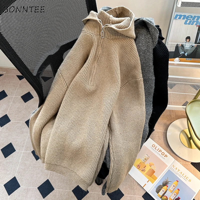 

Пуловеры с капюшоном для мужчин, простые уютные мягкие вязаные свитера на молнии, универсальные корейские модные пары, осенне-зимний шикарный свитер Мужской