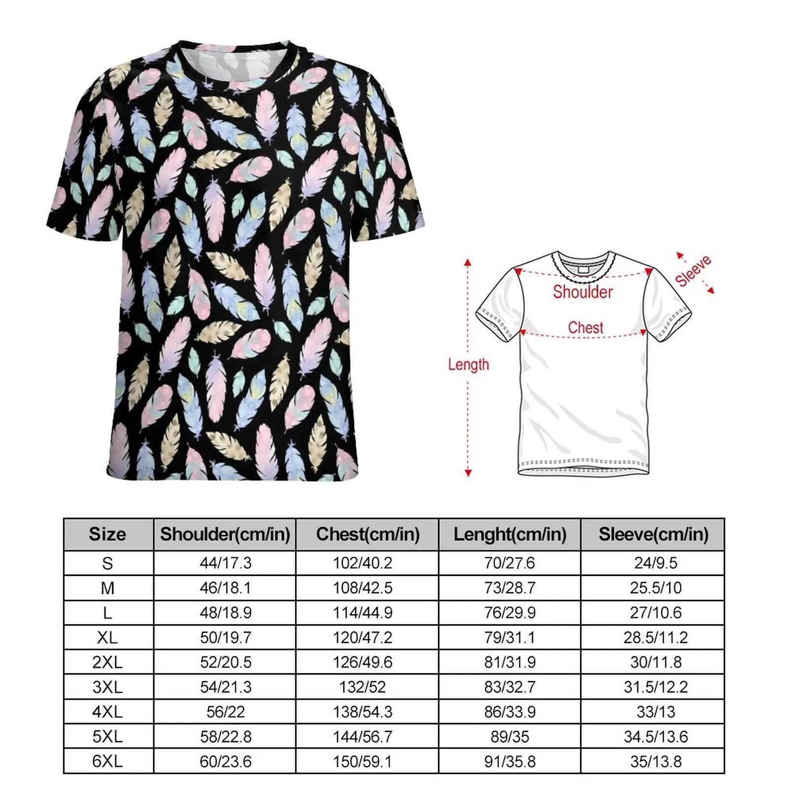 Watercolor Feathers T Shirt Color Print Male Hip Hop T Shirts Premium Graphic Tees Short-Sleeved Classic Big Size Clothing