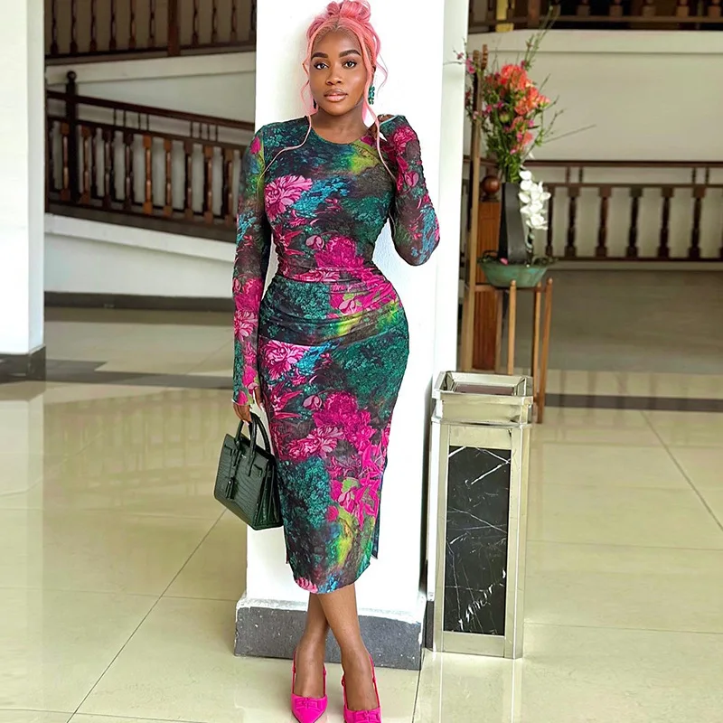 

Fashionable Personality Women's Clothing Elegant Printed Bodycon One-Step Dress Round Neck Long Sleeve Slim Long Dress