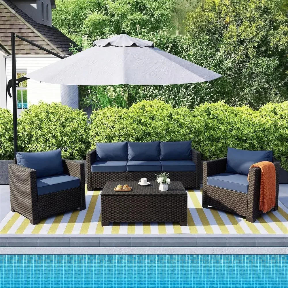 4-Piece Outdoor Patio Furniture Set with 45 Fire Pit Table, Navy Blue Cushions & Waterproof Covers