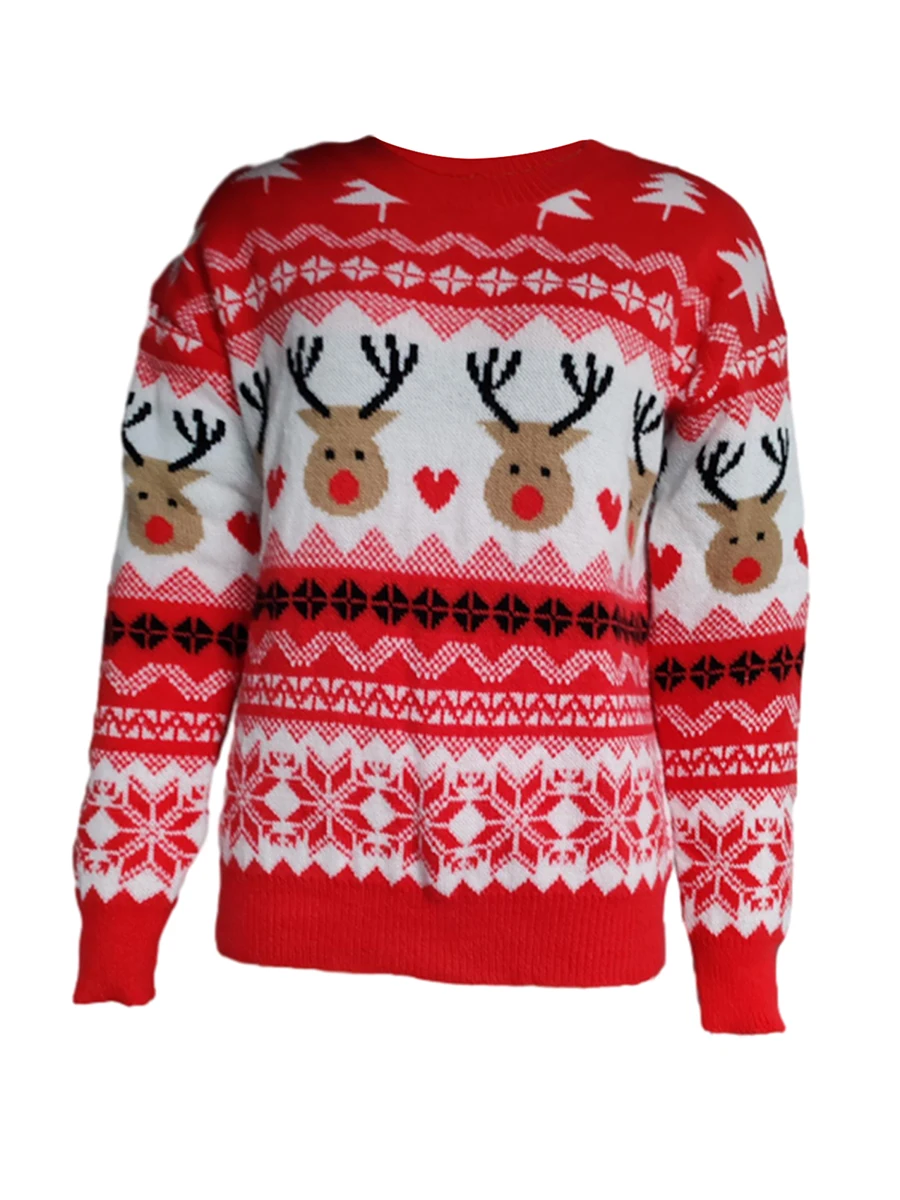 Women Christmas Sweater Casual Long Sleeve Round Neck Reindeer Pattern Classic Fit Knit Tops for Winter