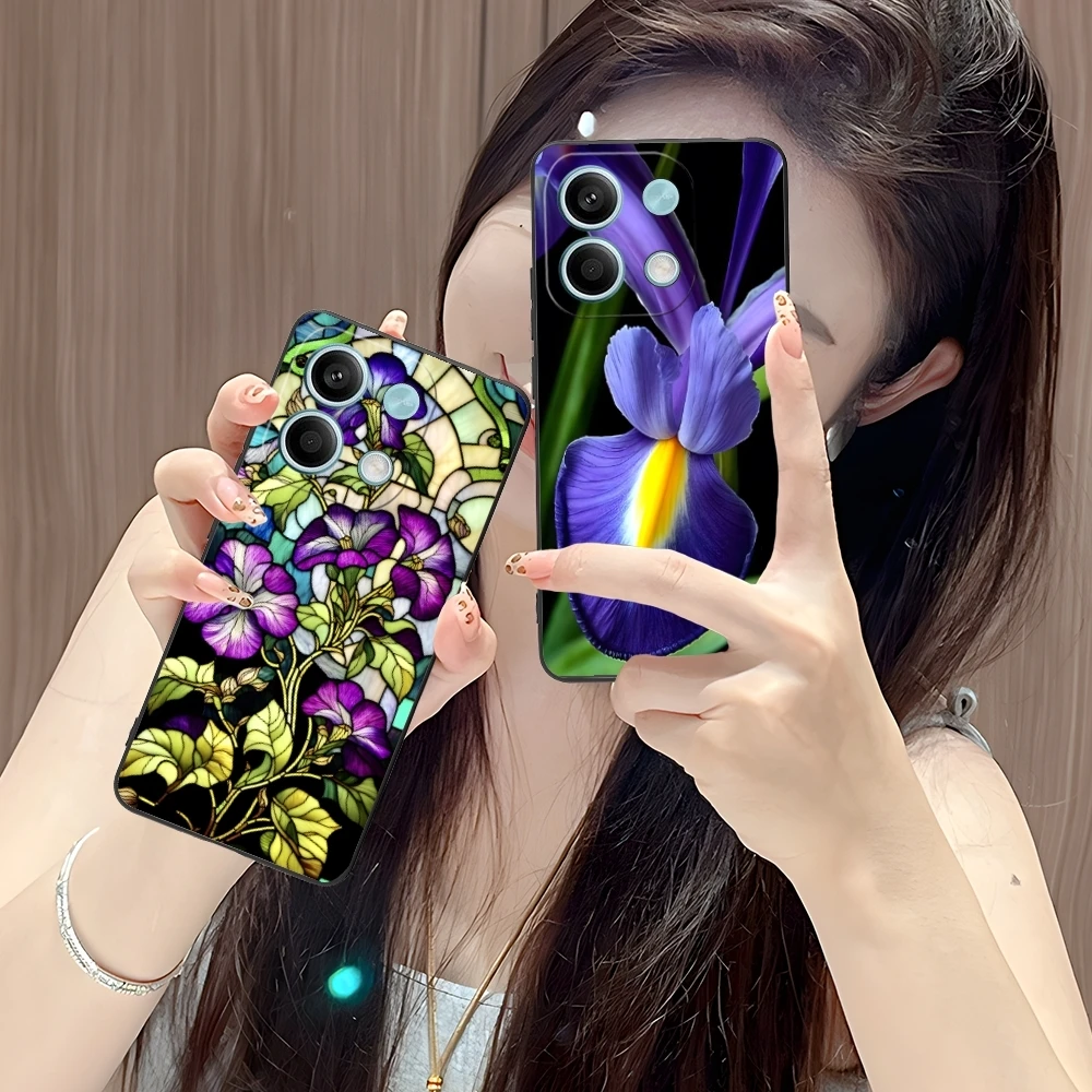 Iris Flower Pretty Mobile Cell Phone Case for Xiaomi POCO M6 M5 M4 M3 X6 X5 X4 X3 F6 F5 F4 F3 F2 C40 Pro GT 5G Black Cover Shell