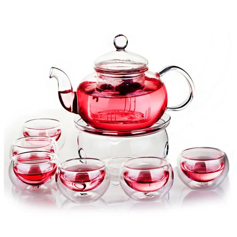 800ML Borosilicate Heat-resistant Glass Tea Pot Set Infuser Teapot Warmer With Strainer Flowers 6 Double Wall Teaware Home Gift