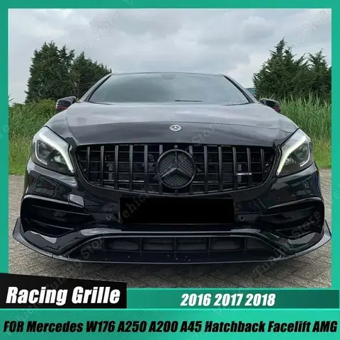 메르세데스 벤츠 W176 A250 A200 A45 Hatchback Facelift AMG 2016-2018 용 GTR 스타일 자동차 전면 그릴 범퍼 그릴 광택 블랙 커버