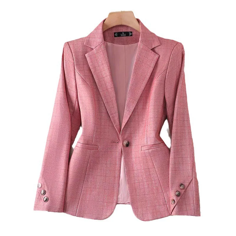 2026 Fashion Pink Plaid Blazer Women's Small Suit Jacket Single-button Autumn Winter Casual Tops Office Lady Slim Short Coats