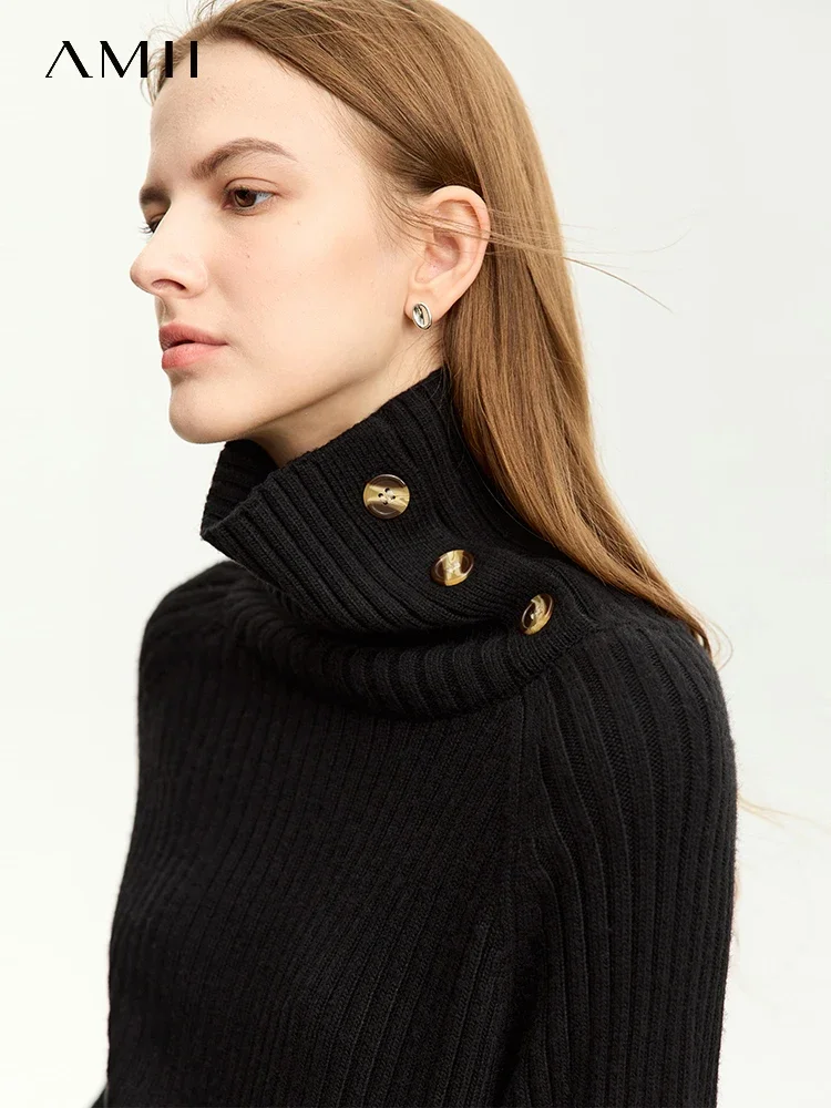 AMII minimalistische damestruien 2025, winter nieuwe coltrui met knopen, raglanmouwen, basics, effen truien, dameskleding 12344193