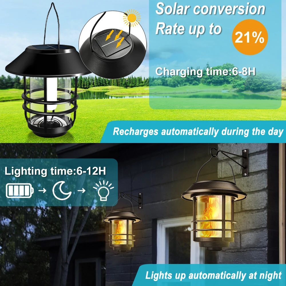 Solar Flame Hanging Lantern Flickering Flames Lights Outdoor Waterproof  Solar Powered Wall Mounted Lights Fence Patio Porch Gar