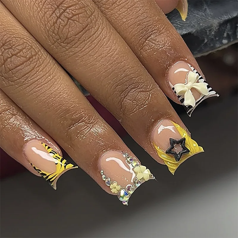 

Star Bowknot Flower Yellow White Zebra Stripe Square Ballet Fake Nails Art Rhineston Ribbon Long False Nail Charm Press on Nails