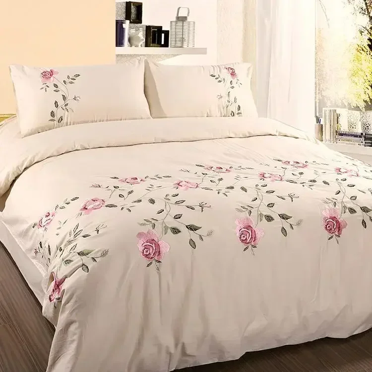 Cotton Soft Bedding set  Bed linen Flowers Embroidery White Pink Grey Duvet Cover 220x240 Bed sheet Twin Full Queen King size