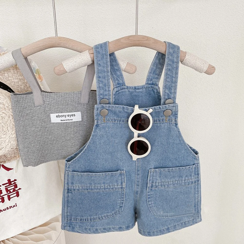 Boys Girls Universal Denim Bib Shorts Korean Version Children's Casual Five-point Shorts Baby Foreign Style All-match Bib Shorts