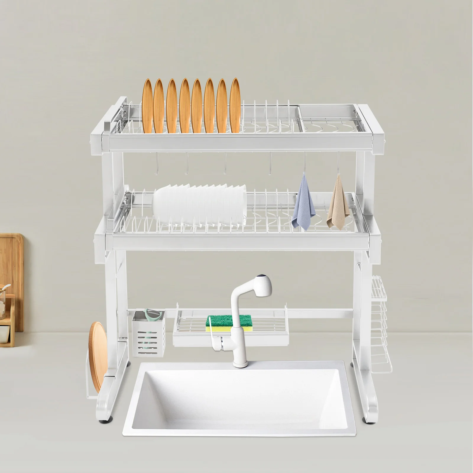 Rejilla para secar platos sobre fregadero de 2 niveles, rejilla para secar platos de acero inoxidable, organizador extensible sobre fregadero de cocina