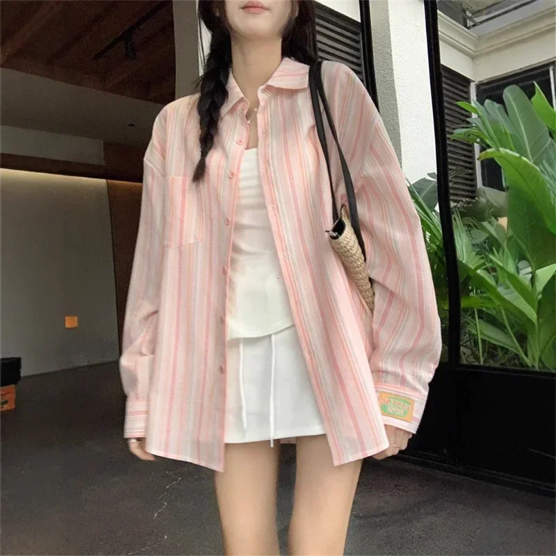 

Nice Pink Striped Shirt Women 2025 Korean Style Loose Long Sleeved Button Up Blouse Ladies Autumn New Wild Streetwear Casual Shi