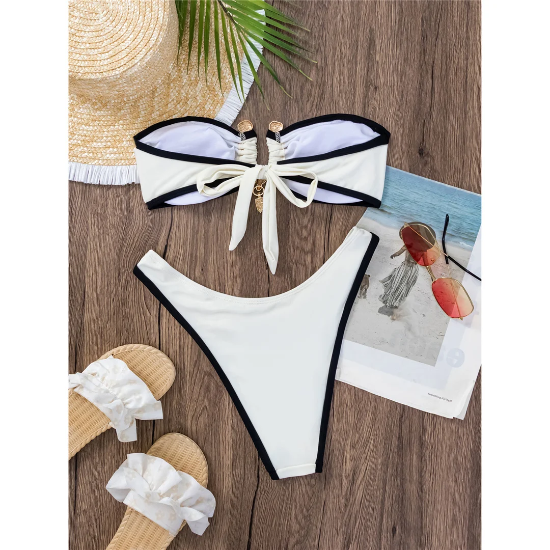 Bandeau-Splicing-Bikini mit Metallring, brasilianischer Bikini, Damen-Badebekleidung, zweiteiliger Bikini-Set, Badeanzug, Badebekleidung, Schwimmbikini V5651 – Detail 21