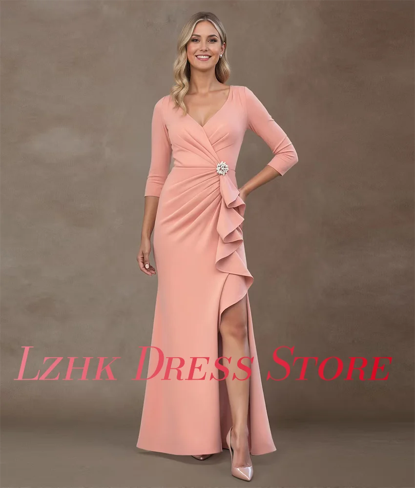 Gaun Malam Ruffles Kristal Putri Duyung Jersey Anggun Kustom Gaun Prom Panjang Lantai Leher-v Lengan 3/4 Mode Baru