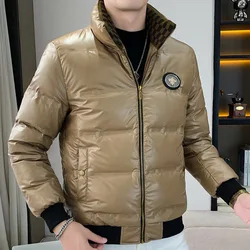 Chaqueta de plumón brillante con cuello levantado para hombre, abrigo de manga larga con letras estampadas, Color negro, invierno, 2023