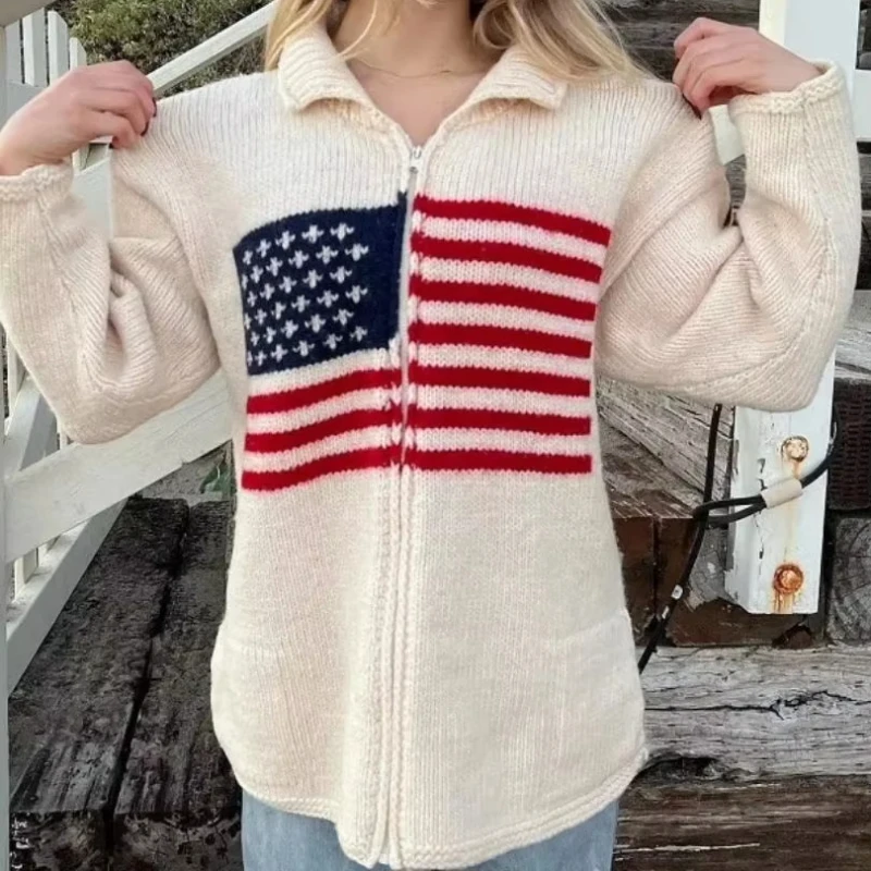 Harajuku Style Autumn Winter Pattern Zipper Knitted Sweater Casual Streetwear for loose outdoor commuting temperament knitted